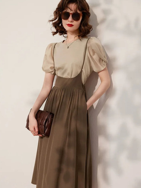Dames Jurk Set Bretels Blouse Pofmouwen