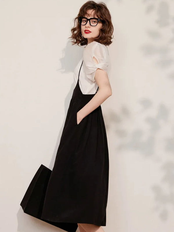 Dames Jurk Set Bretels Blouse Pofmouwen