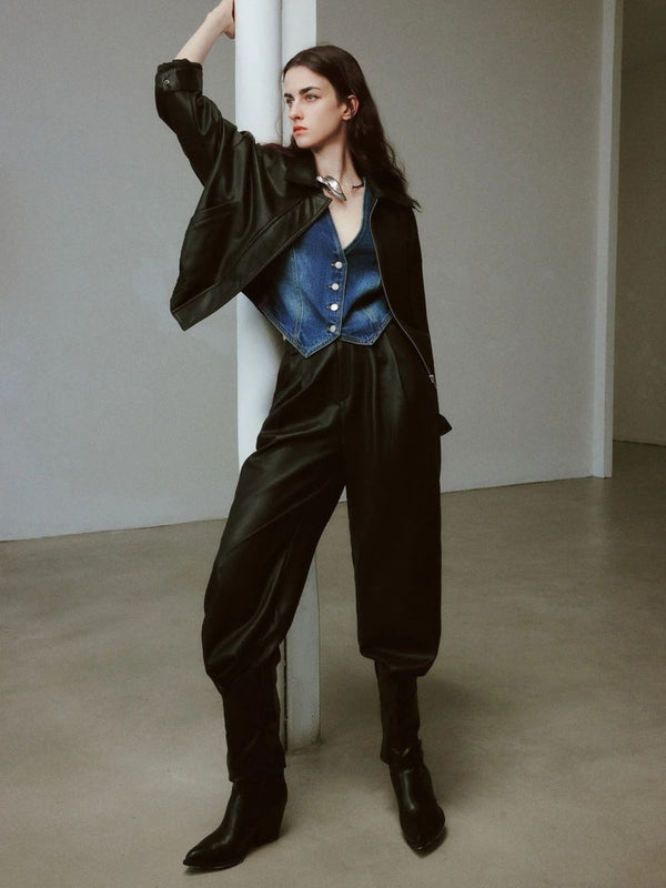 Dames Broek Imitatieleer Hoge Taille Wijde Pijpen