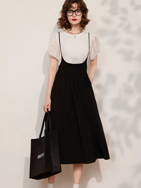 Dames Jurk Set Bretels Blouse Pofmouwen