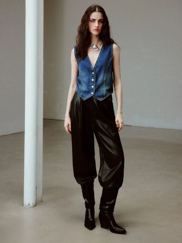 Dames Broek Imitatieleer Hoge Taille Wijde Pijpen