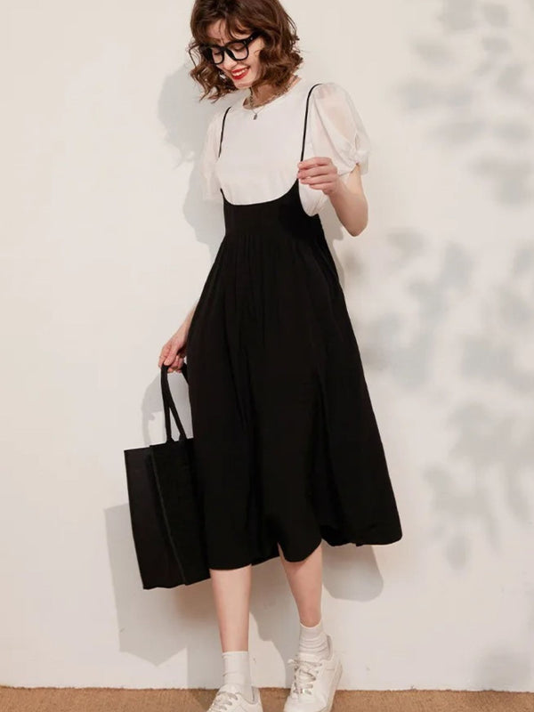 Dames Jurk Set Bretels Blouse Pofmouwen