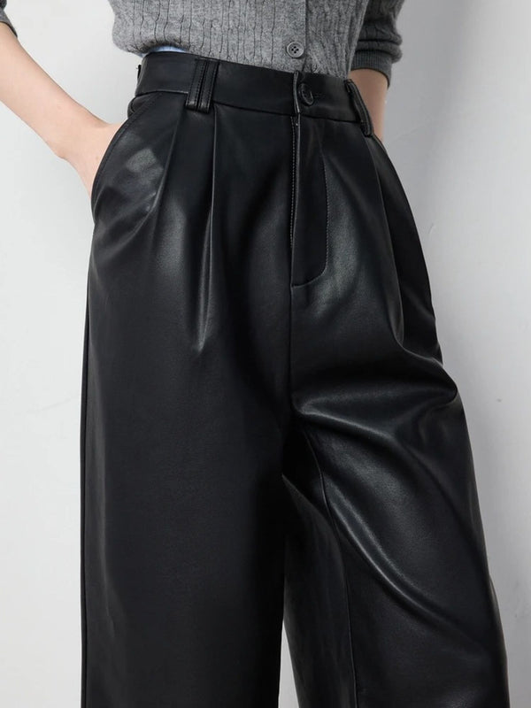 Dames Broek Imitatieleer Hoge Taille Wijde Pijpen