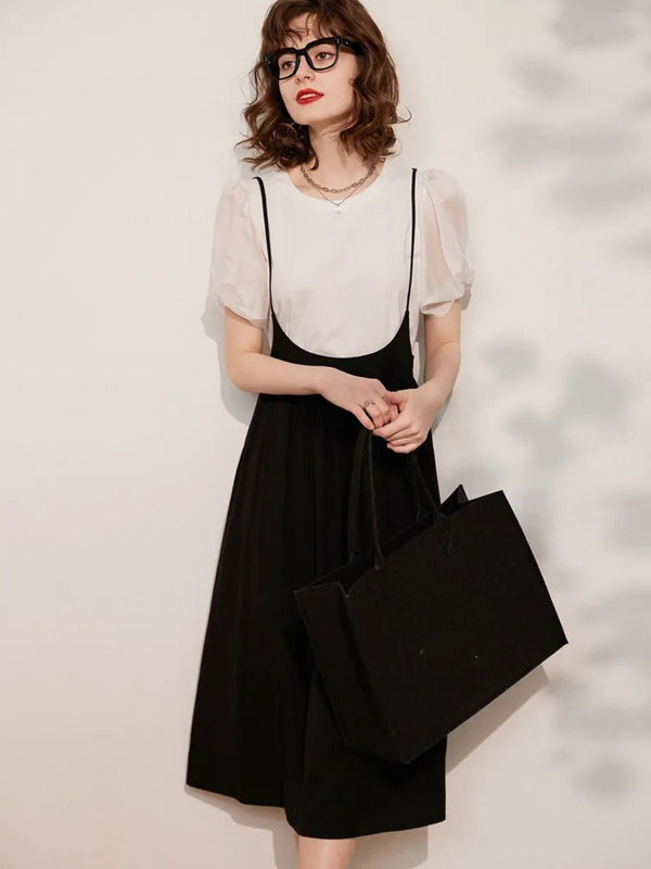 Dames Jurk Set Bretels Blouse Pofmouwen