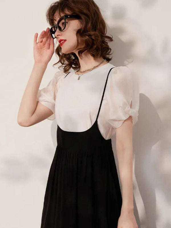 Dames Jurk Set Bretels Blouse Pofmouwen