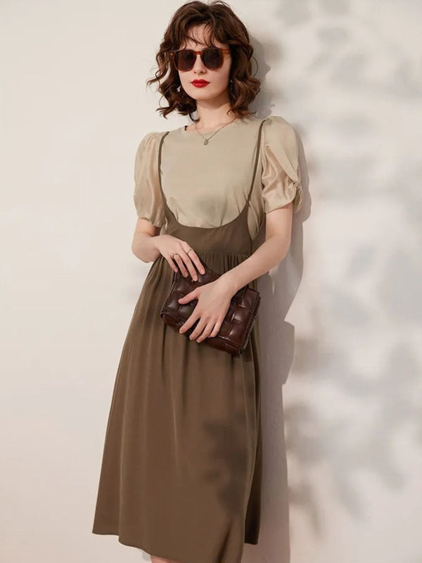 Dames Jurk Set Bretels Blouse Pofmouwen