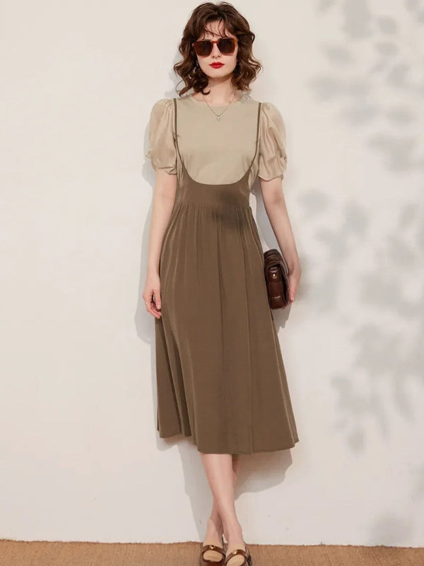 Dames Jurk Set Bretels Blouse Pofmouwen