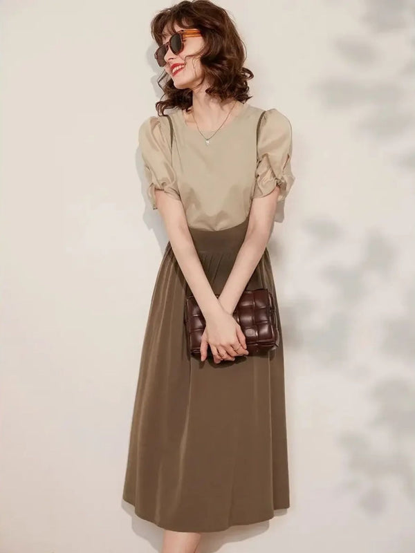 Dames Jurk Set Bretels Blouse Pofmouwen