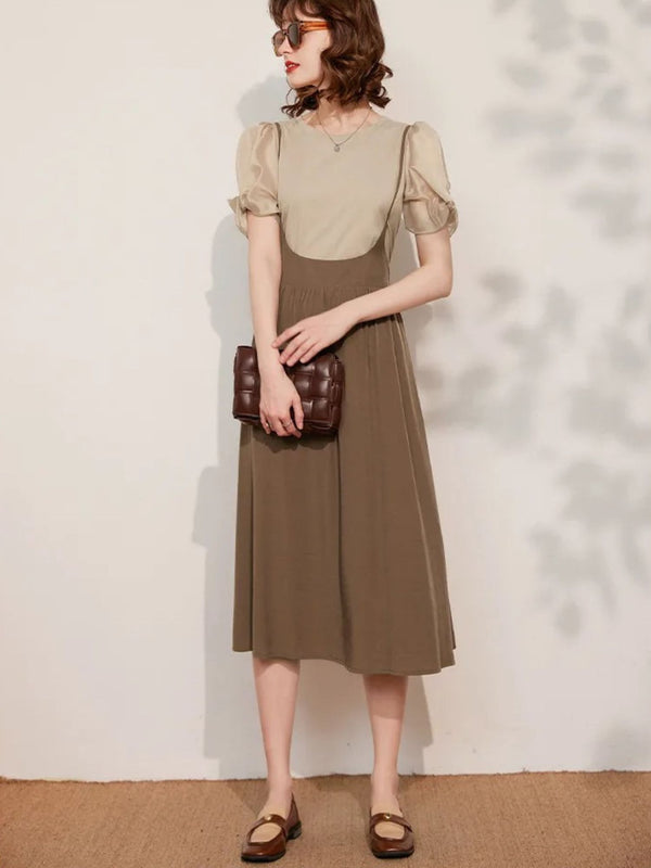 Dames Jurk Set Bretels Blouse Pofmouwen