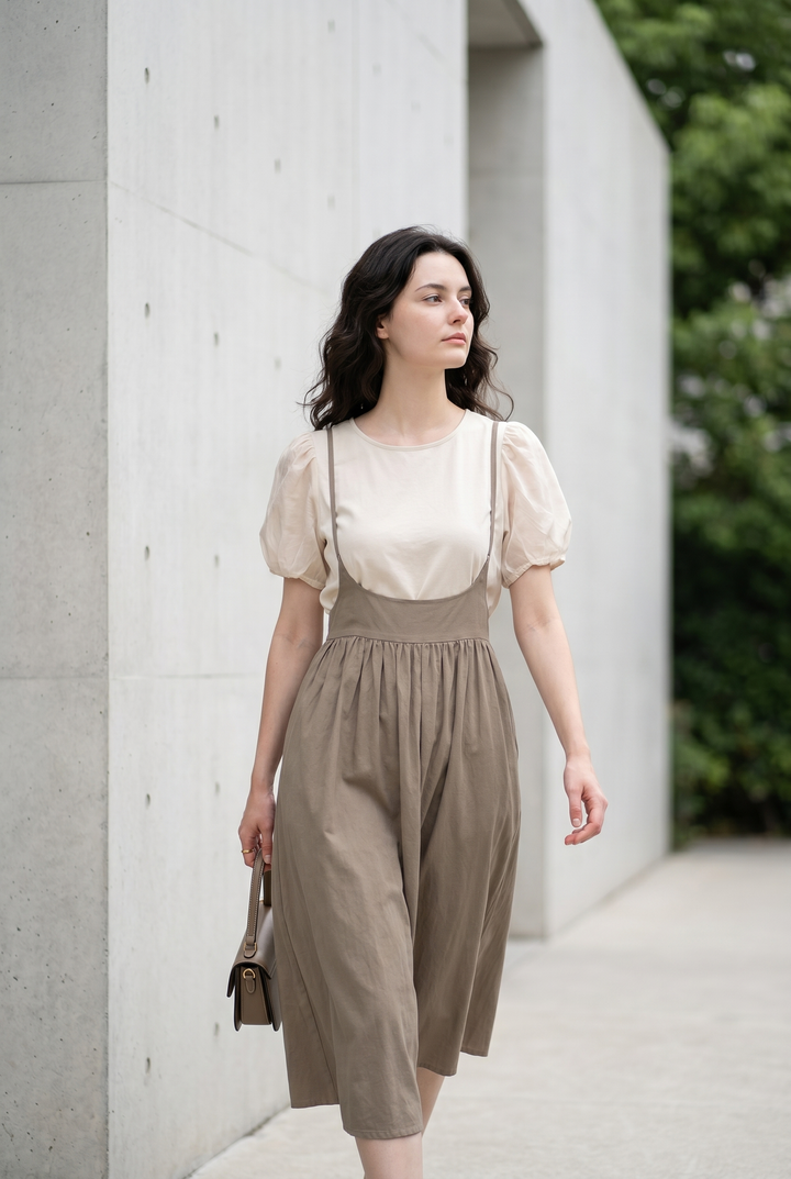 Dames Jurk Set Bretels Blouse Pofmouwen